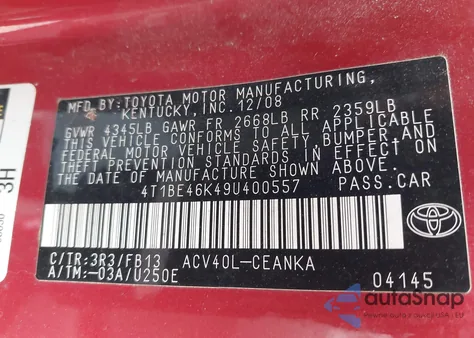 2009 Toyota Camry Le z USA, uszkodzony, nr VIN 4T1BE46K49U400557